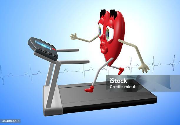 Heart Character On Treadmill Stock Photo - Download Image Now - Active Lifestyle, Anthropomorphic Face, Blue