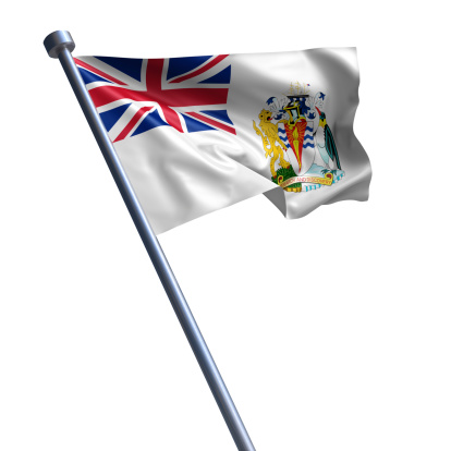 Flag of British Antarctic Territory on modern metal flagpole.