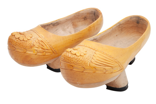 Traditional wooden clogs (Madreñas) as worn in Asturias, Spain.