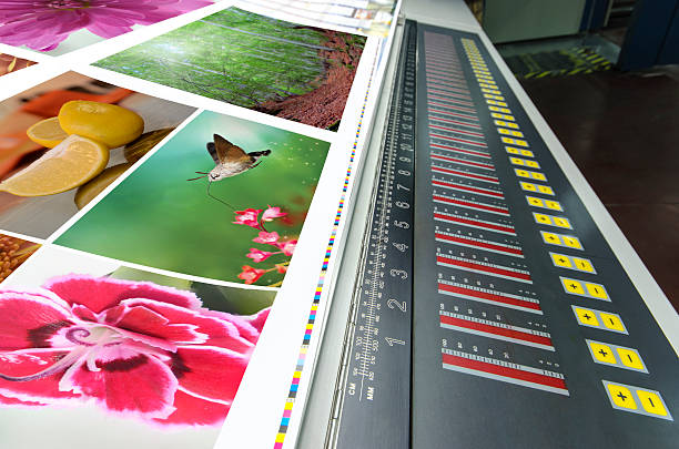 offset machine press fountain control key unit and cmyk stripe color management control of the printed photos on offset machine press print at run table for fountain key control unit digital printing house stock pictures, royalty-free photos & images