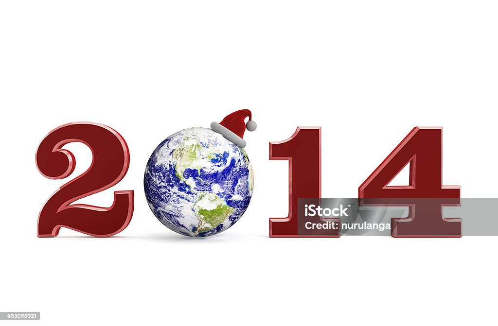 New year concept isolated on white New year concept with earth and a santa hat 2014 Stock Photo