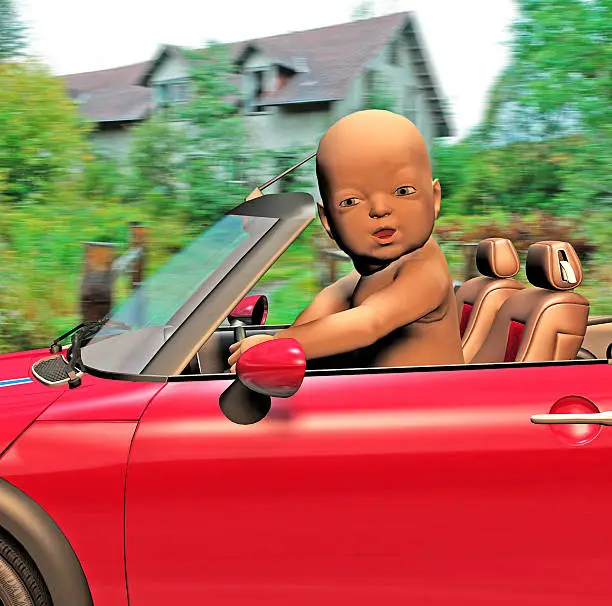 A rendering of a baby driving a convertible sports car