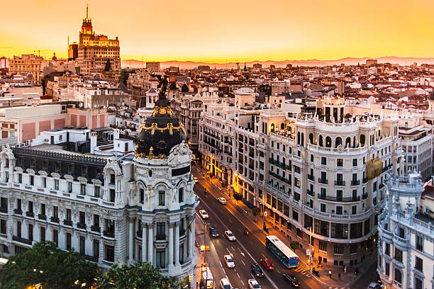 Aerial view of Gran Via, Madrid, Spain stock photo