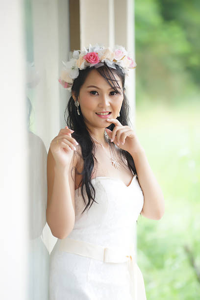 istock Beautiful Asian lady in white bride dress 453100783