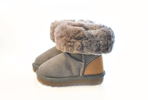 istock Kids warm winter boots in gray fur with a lapel. 453103769