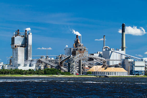 Industrial Paper Mill on a River A large paper mill located on the Amelia River in Fernandina Beach, Florida. fernandina beach stock pictures, royalty-free photos & images