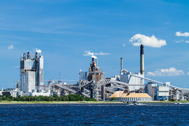Industrial Paper Mill on a River A large paper mill located on the Amelia River in Fernandina Beach, Florida. fernandina beach stock pictures, royalty-free photos & images