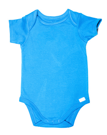 Blue colored baby onesie or baby bodysuit isolated on white background