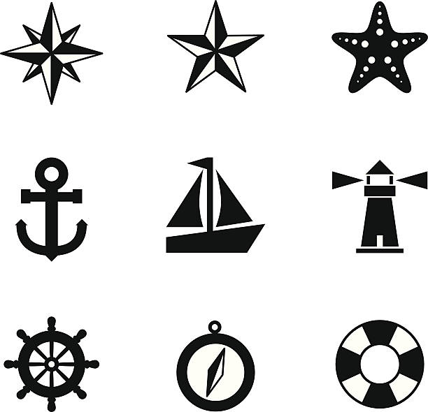 Black and white nautical icons A set of 9 nautical-themed icons.  Each icon is a separate group. boat stock illustrations