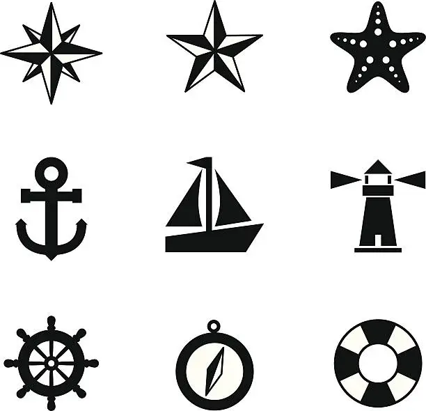 Vector illustration of Black and white nautical icons