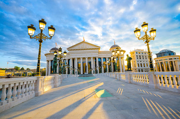 A gorgeous view of a sunrise of Macedonian Museum in Skopje stock photo