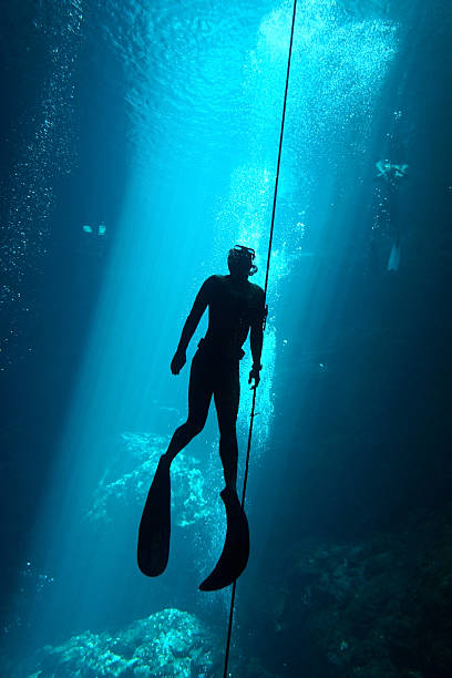 Silhouette of a free diver underwater stock photo