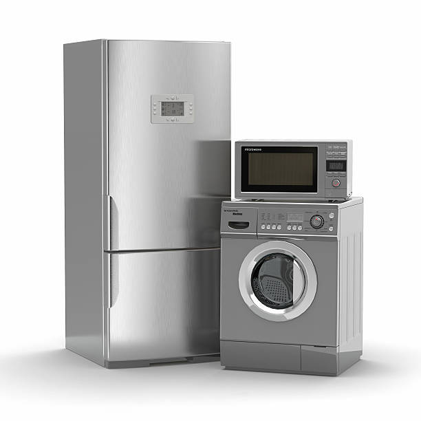 istock Home appliances. Refrigerator, microwave and  washing maching. 453115131