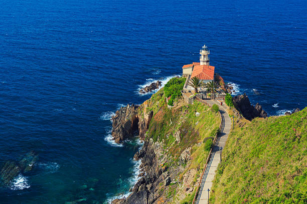 Lighthouse of Cudillero Lighthouse of Cudillero from the town's highest viewpoint - Asturias, Spain asturias photos stock pictures, royalty-free photos & images
