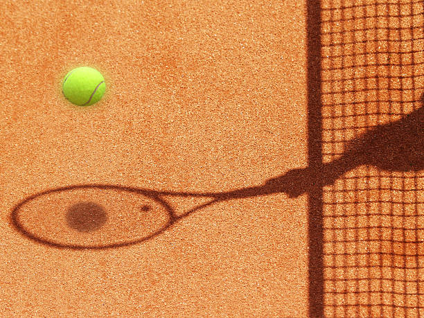 istock tennis court net and racket shadow with ball 453126461