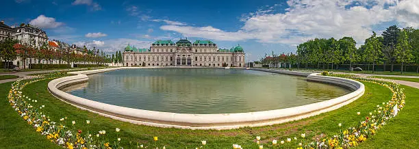 Panorama view of Belvedere Palace, Vienna, Austria, with spring tulips