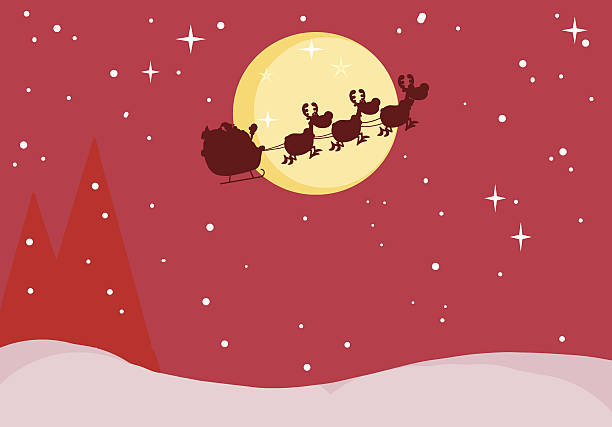 ilustrações de stock, clip art, desenhos animados e ícones de silhueta de pai natal e reindeers voar em um trenó - silhouette snow digitally generated image illustration and painting