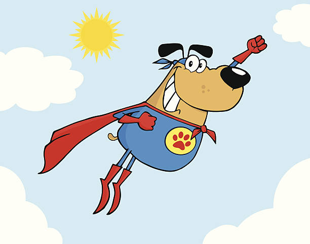 ilustrações de stock, clip art, desenhos animados e ícones de cão super a voar com fundo - heroes dog pets animal