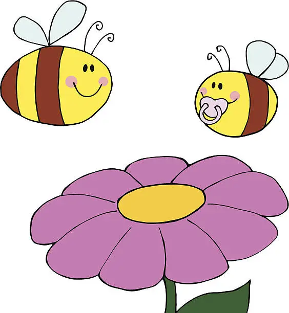 Vector illustration of Mother Bee Flying With Baby BumbleBee Over A Flower