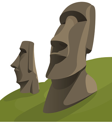 Moai Moais Monolithic Statues Polynesia Easter Island, vector illustration cartoon.