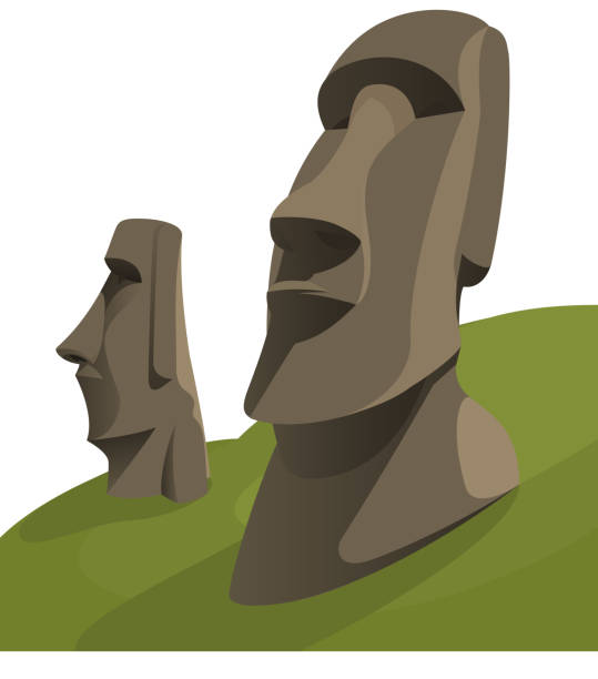 Moai Moais Monolithic Statues Polynesia Easter Island Moai Moais Monolithic Statues Polynesia Easter Island, vector illustration cartoon. moai statue rapa nui stock illustrations