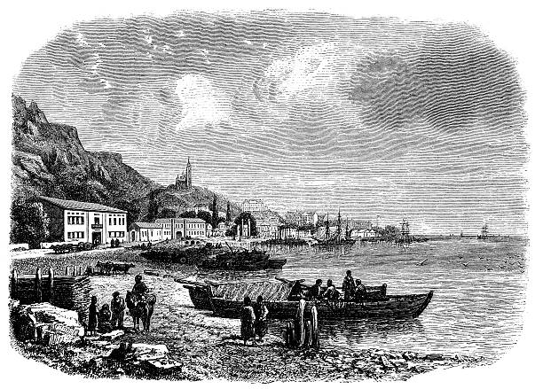 ilustrações, clipart, desenhos animados e ícones de antigo ilustração de yalta, crimeia - illustration and painting beach engraved image engraving