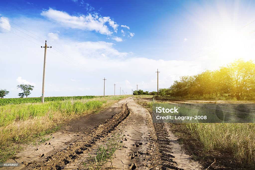 Пейзаж road с трактор's track на закате - Стоковые фото Без людей роялти-фри
