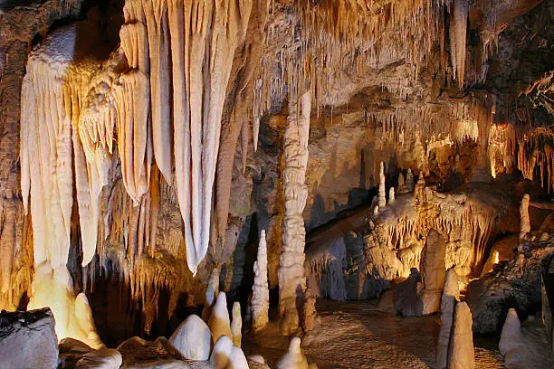 Stalactites and stalagmites in a cave.