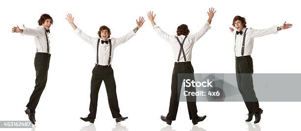 Multiple Images Of A Man Dancing Against White Stock Photo - Download Image Now - Rear View, Front View, Dancing