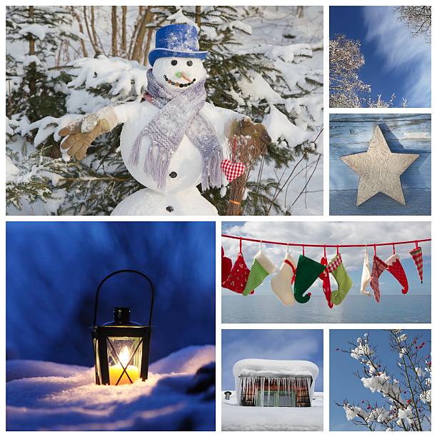 Christmas collage in blue - ideas for decoration or a greeting card with a snowman, latern and santa boots