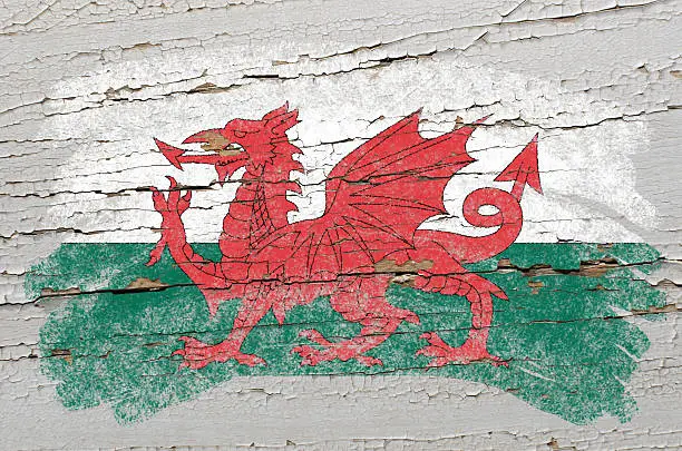 Photo of flag of wales on grunge wooden texture painted with chalk