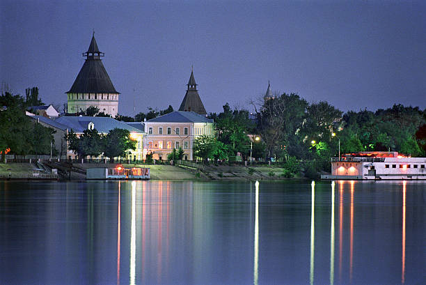 Night city of Astrakhan. stock photo