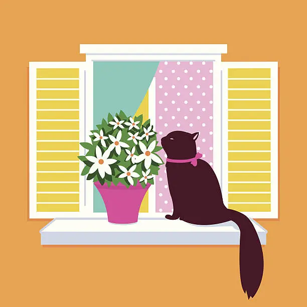 Vector illustration of Cat sitting on a window sill