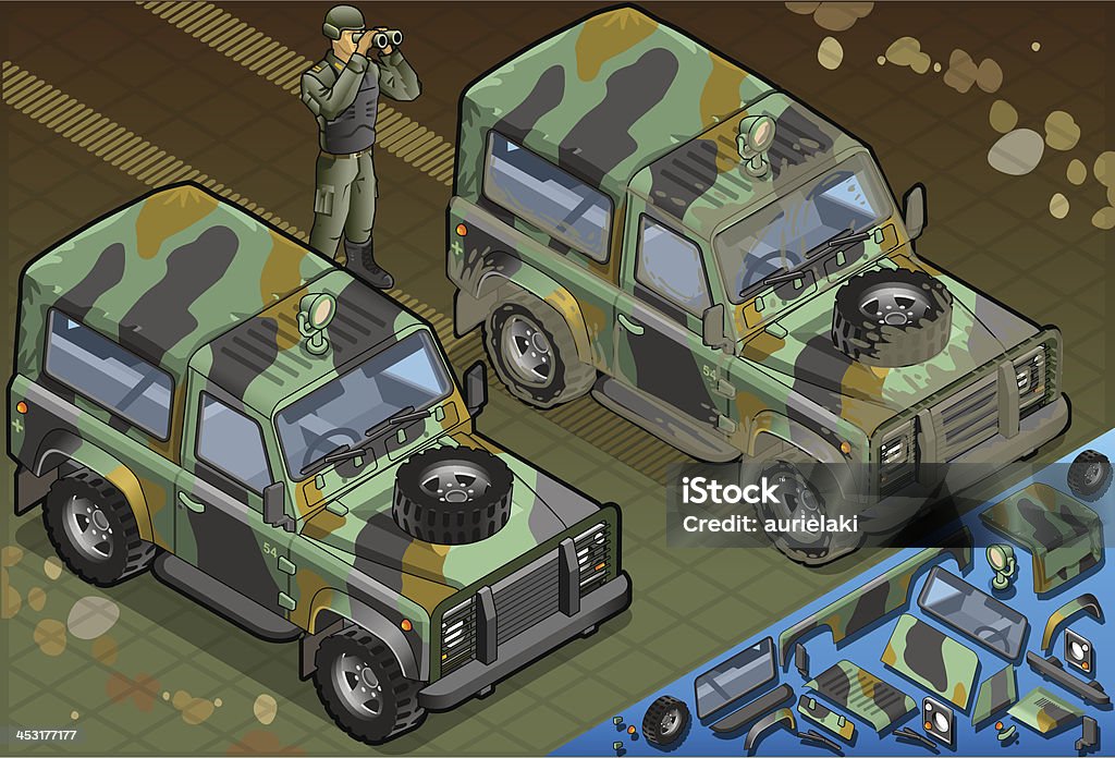 Isométrique de l'armée soldat en Jeep avec vue sur - clipart vectoriel de Chemin de terre libre de droits