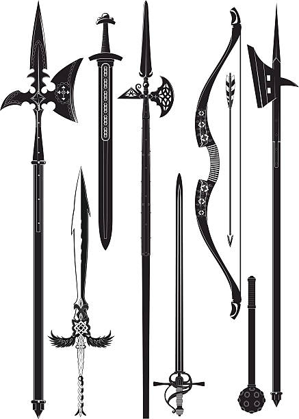ilustrações de stock, clip art, desenhos animados e ícones de conjunto de armas medieval - halberd