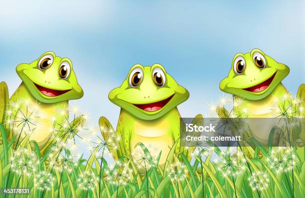 Trzy Szczęśliwy Frogs W Ogrodzie - Stockowe grafiki wektorowe i więcej obrazów Clip Art - Clip Art, Czworonożność, Drzewo