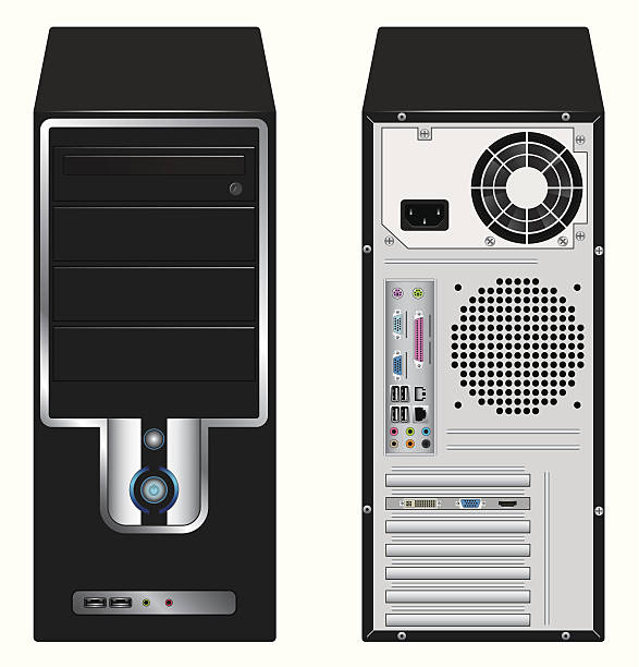 Computer case front and rear side Vector illustration of black computer case in front and rear side. computer tower stock illustrations