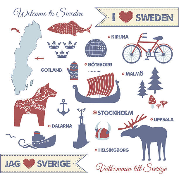 zestaw symboli i map of sweden - sweden horse swedish culture viking stock illustrations