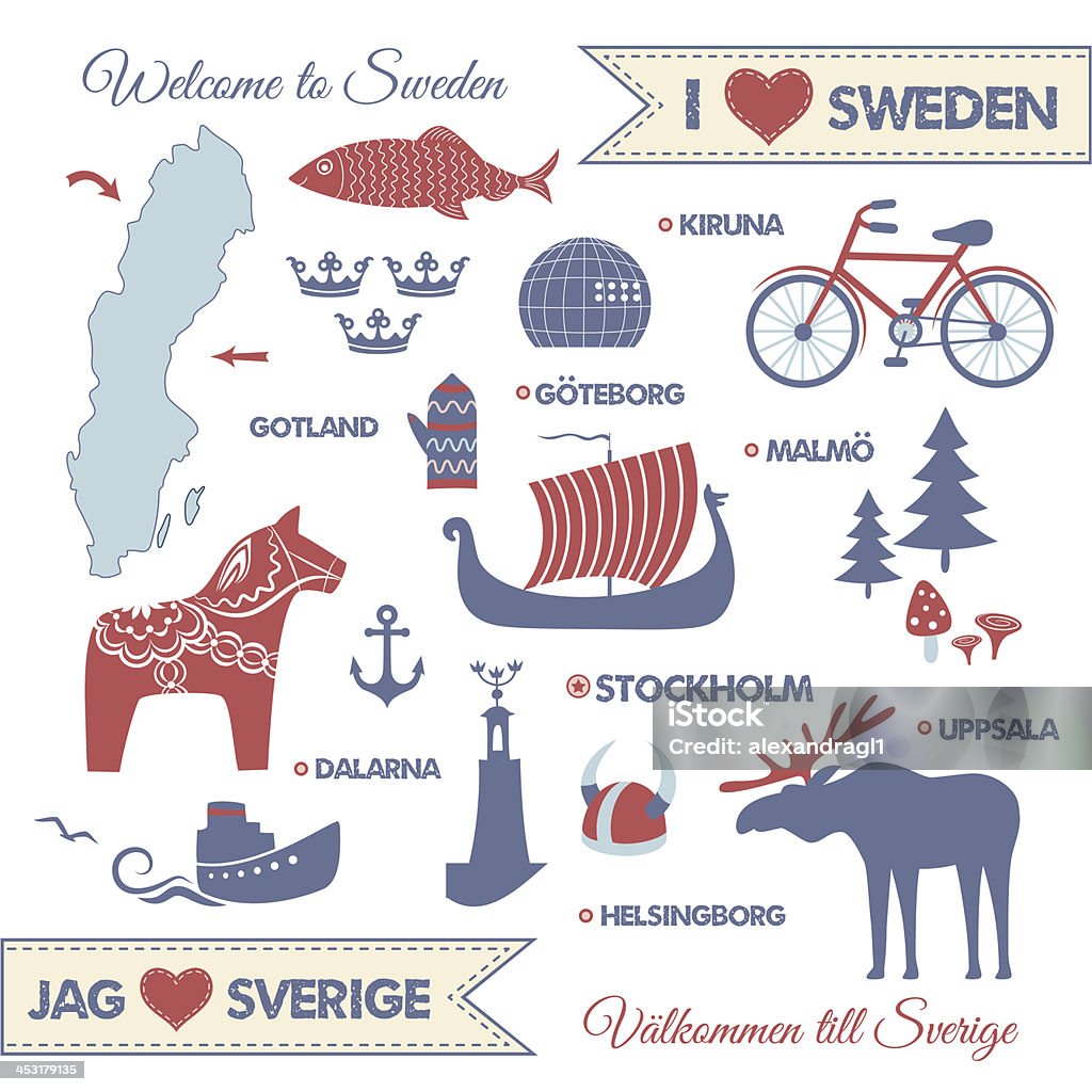 Set with symbols and map of Sweden Vector set with design elements of symbols of Sweden and map Dalarna stock vector