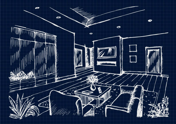 Hand drawing Interior Design for living room Hand drawing Interior Design for living room on blue print background, Vector recessed light stock illustrations