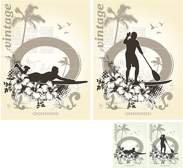ilustrações de stock, clip art, desenhos animados e ícones de dois vintage surf posters com riders - big wave surfing