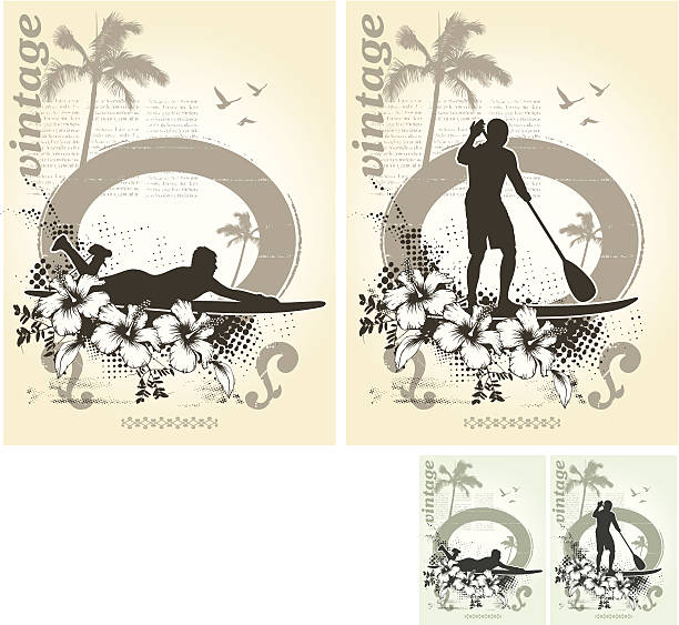 two vintage surf posters with riders vector art illustration