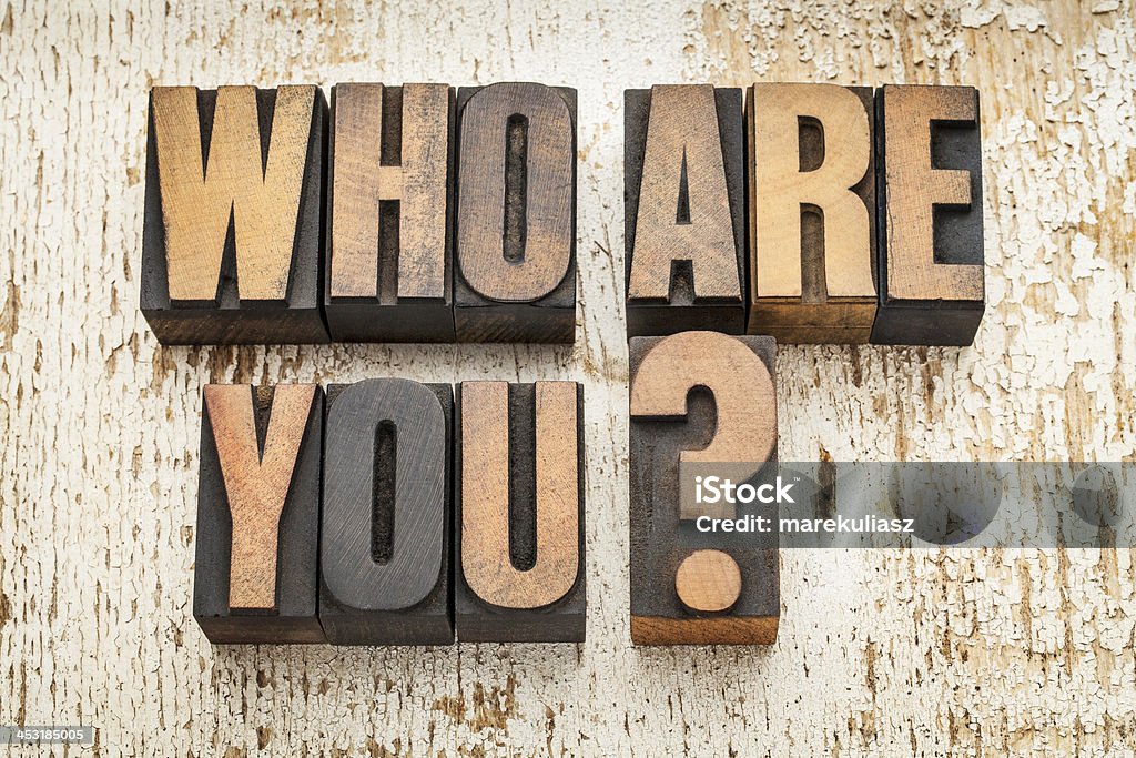who are you question who are you question in vintage letterpress wood type on a grunge painted barn wood background Characters Stock Photo