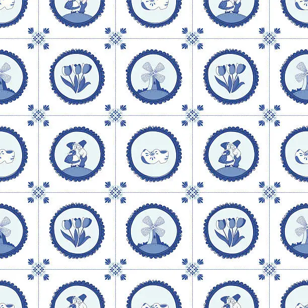 Vector illustration of Delft blue seamless pattern.