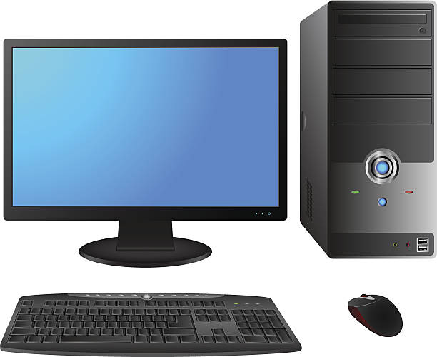 Computer case with monitor,keyboard and mouse Vector illustration of computer case,monitor,keyboard and mouse. computer tower stock illustrations