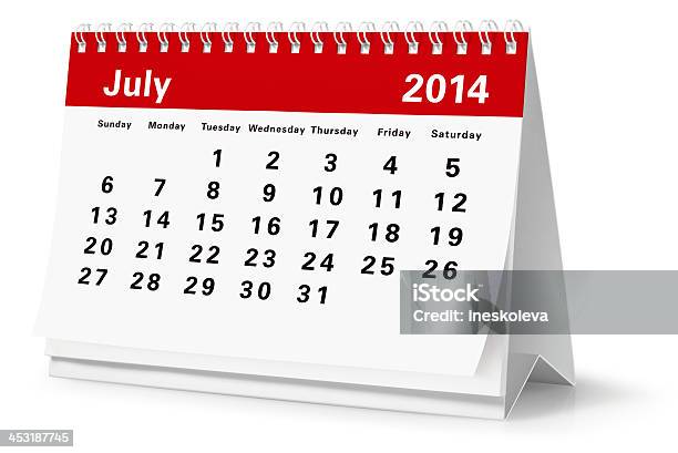 Luglio 2014 Del Calendario Desktop - Fotografie stock e altre immagini di 2014 - 2014, Ambientazione interna, Bianco