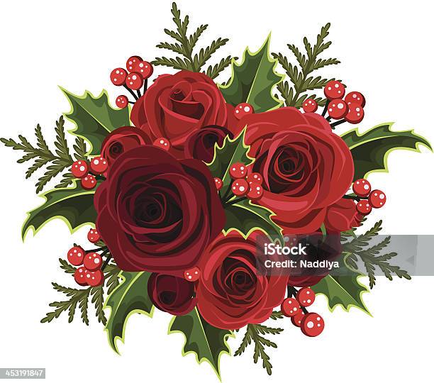 Christmas Bouquet With Roses And Holly Vector Illustration Stock Illustration - Download Image Now