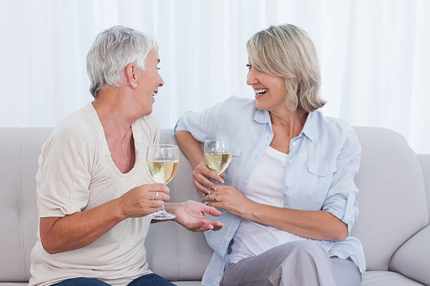 istock Smiling women chatting and having white wine 453193593
