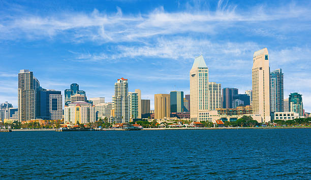 horizonte de san diego, ca (8031 x 4653 pix) - san diego california skyline san diego bay panoramic - fotografias e filmes do acervo