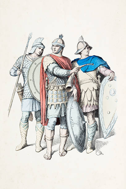 roman armia z różnych kostiumy z v wieku - circa 5th century illustrations stock illustrations